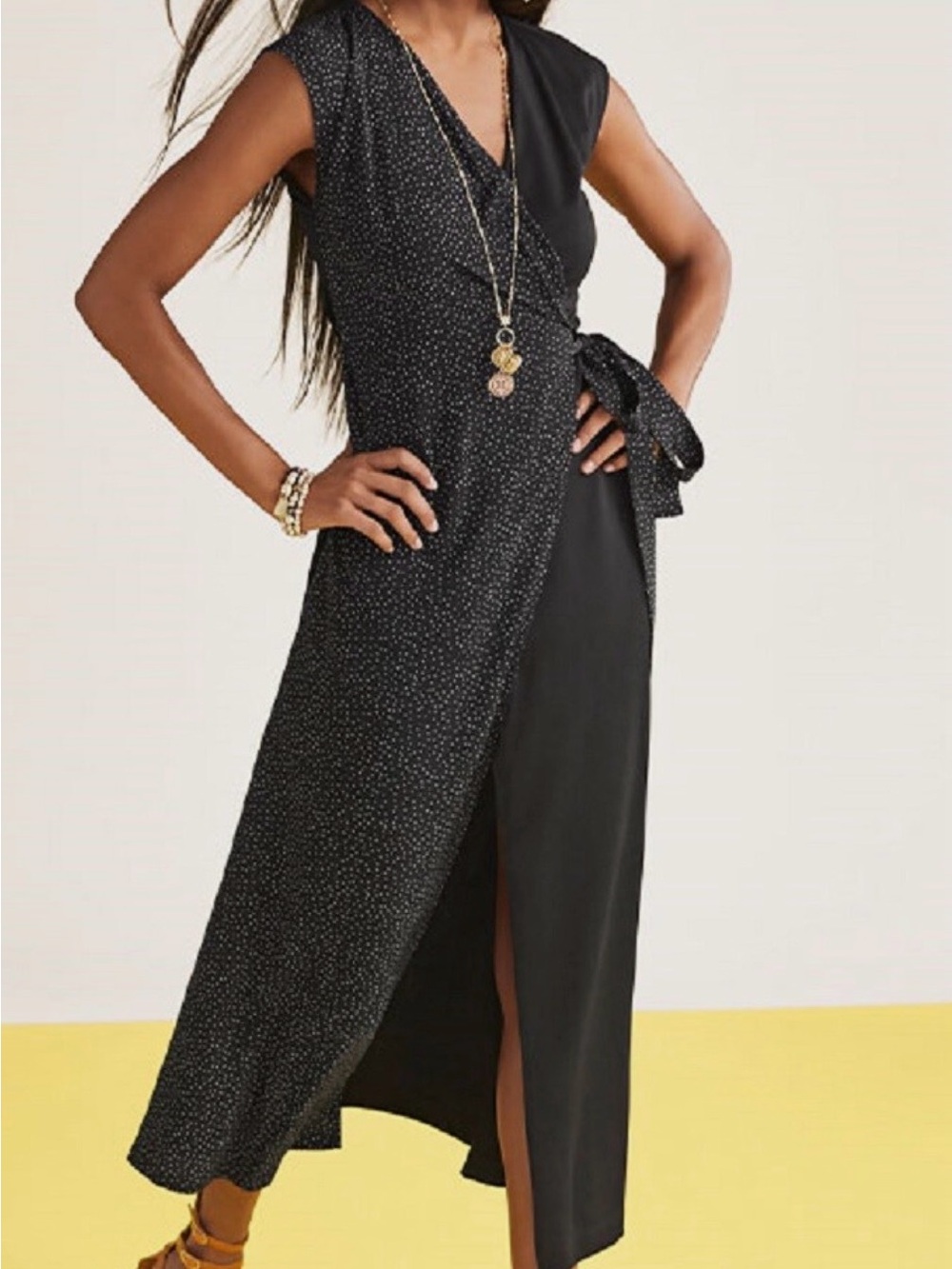 Cabi Disco Wrap Maxi Dress Black Polka Dots L EUC
